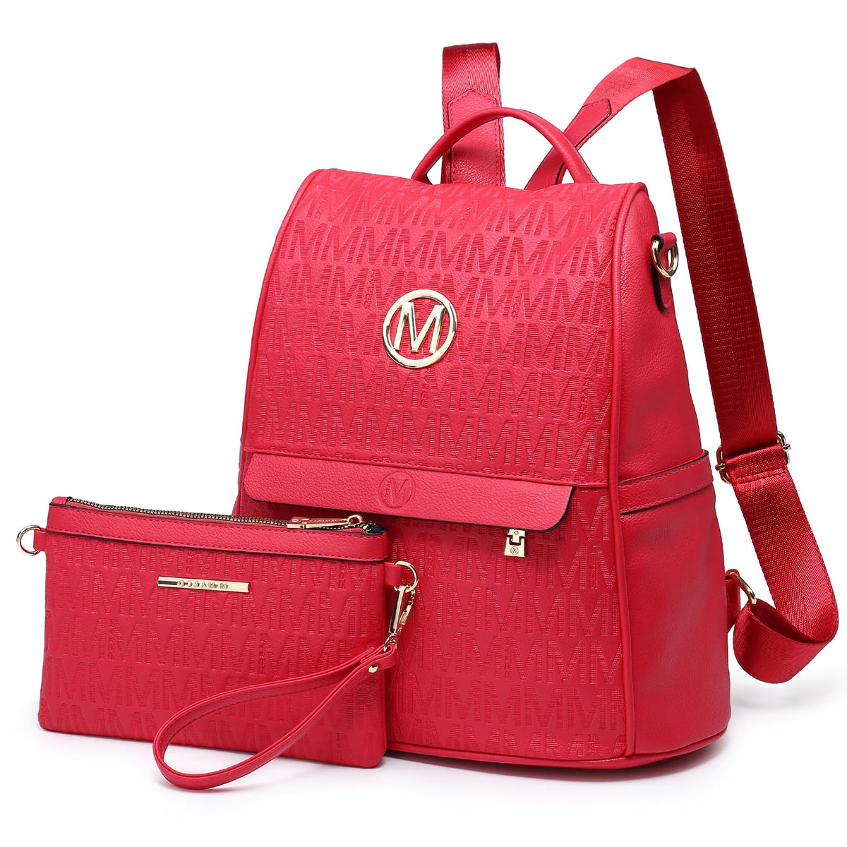 MKP Women Fashion Backpack Purse Multi Pockets Signature Anti-Theft Rucksack Travel Ladies Shoulder Bag Handbag 2Pcs, Magenta, M, Women Fashion Backpack