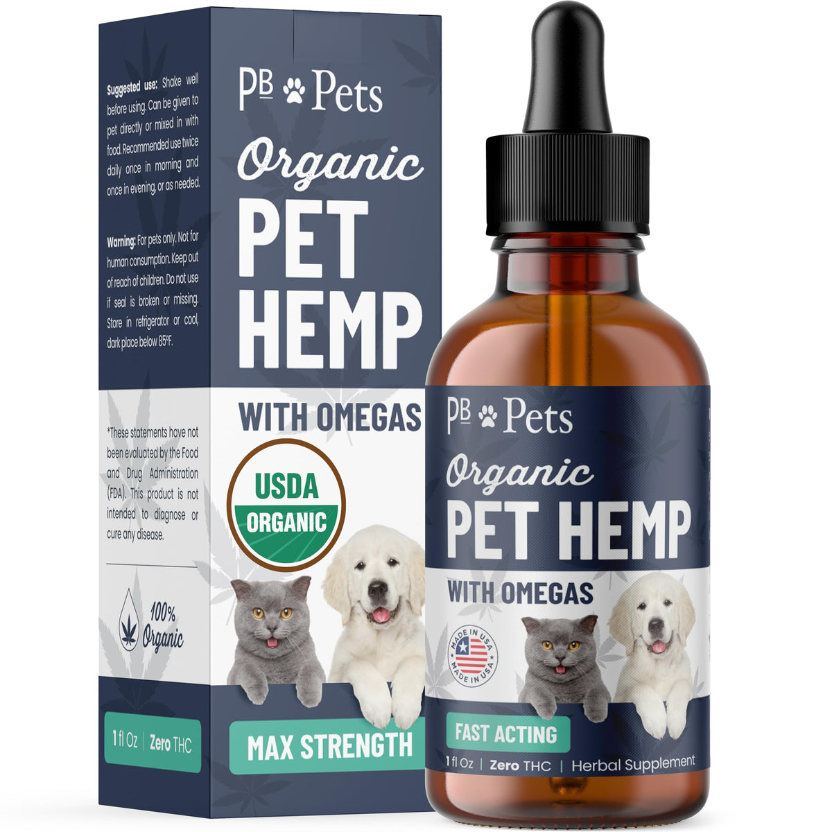 PB Pets Hemp Oil for Dogs and Cats - Organically Grown - Made in USA - Helps with Anxiety, Hip & Joint, Pain, Arthritis, and Stress - with Omega Complex (1-Pack)