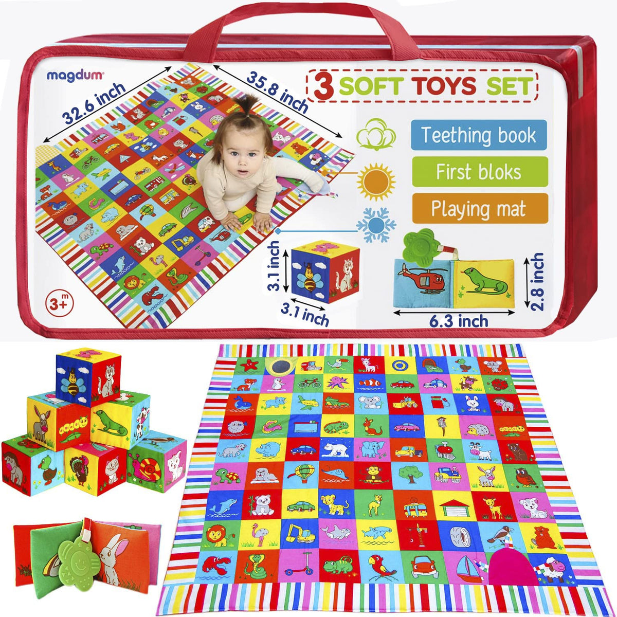 magdum Toy Set My Little World Baby Play Mat + Crinkle Fabric Book Crinkle Book Baby + 6 Fabric Cubes - Activity Baby Gifts Birth - Baby 6 Months Baby Toy Motor Skills Toy