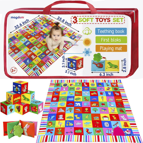 magdum Toy Set My Little World Baby Play Mat + Crinkle Fabric Book Crinkle Book Baby + 6 Fabric Cubes - Activity Baby Gifts Birth - Baby 6 Months Baby Toy Motor Skills Toy