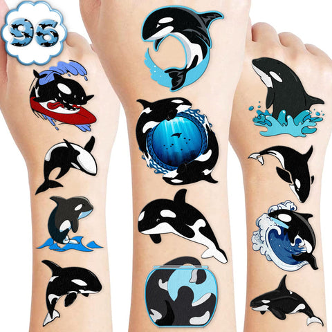 100 PCS Orca Whale Birthday Party Decorations Favors Supplies Sea Ocean Killer Whale Temporary Tattoos Stickers for Girls Boys Cute Gifts School Prizes Rewards