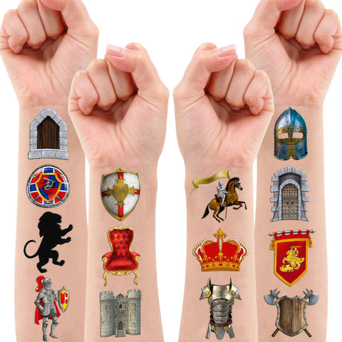 105PCS Medieval Knight Temporary Tattoos Stickers Theme Birthday Party Decorations Supplies Favors Decor Brick Stone Crown Castle Soldier Tattoo Sticker Gifts For Boys Girls Class Prizes Carnival