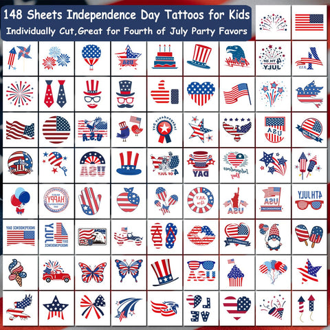 CHARLENT 4th of July Temporary Tattoos - 148 Individually Sheets American Flag Tattoos for Kids Women Men Independence Day Party Decorations and USA Party Favors