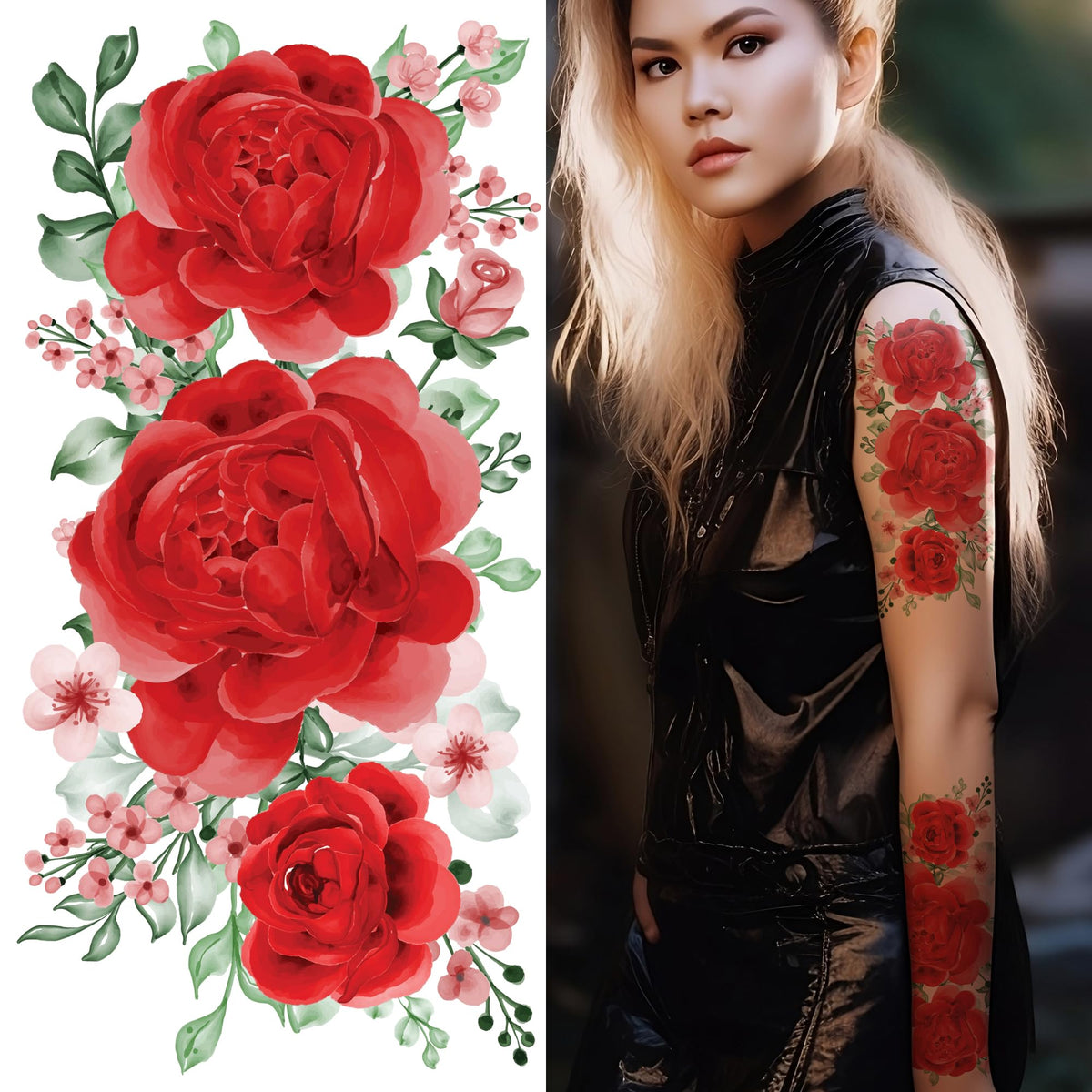 Supperb Temporary Tattoos - Watercolor Red Roses, Red Peony Tattoos (Set of 2)