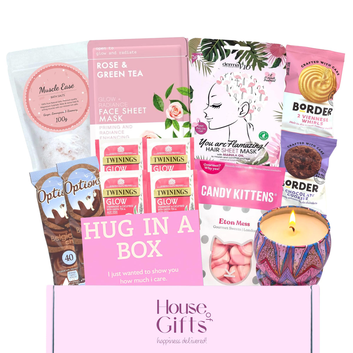 Hug In a Box Care Package For Her | Pamper Gift Set for women with Candle, Bath Salts, Face Mask, Chocolate and much more! Get Well Soon Gift