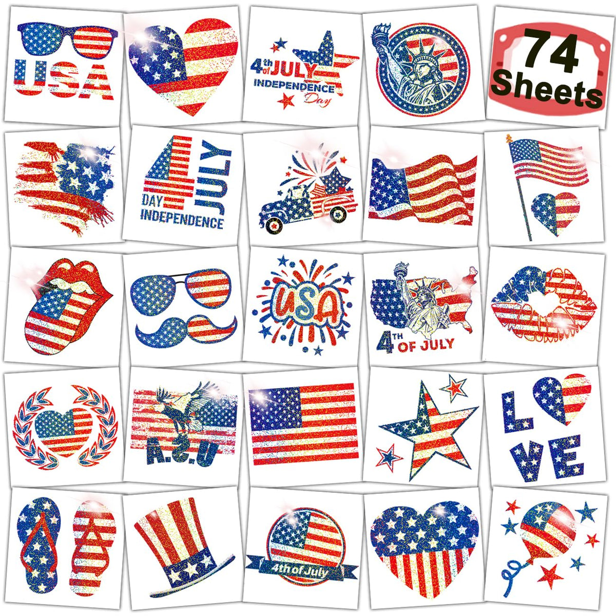 CHARLENT Glitter 4th of July Temporary Tattoos for Kids - 74 Individually Sheets Glitter American Flag Tattoos for Boys Girls Fourth of July Party Decorations and Independence Day Party Favors