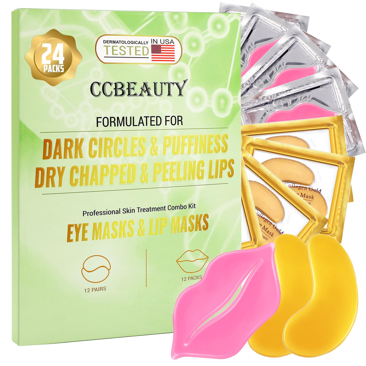 CCbeauty 24 Packs Lip Masks & Eye Mask Bulk,24K Gold Under Eye Patches for Puffy Eyes,Dark Circles,Collagen Eye gel Pads for Eye Bags,Wrinkles | Nourish & Hydrate Dry Chapped Lips Skincare, Pink