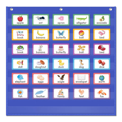 AUVCAS VNOM Standard Pocket Chart Clear7 Pockets Chart for Classroom & Home Heavy Duty Hanging Pocket Chart for Word Wall/Letter Cards/Sentence Strips (28Wx28L, BLUE)