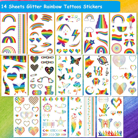 CHARLENT Glitter Rainbow Temporary Tattoos - 140 PCS Glitter Pride Tattoos Butterfly Heart Rainbow Tattoos for Pride Party Favors