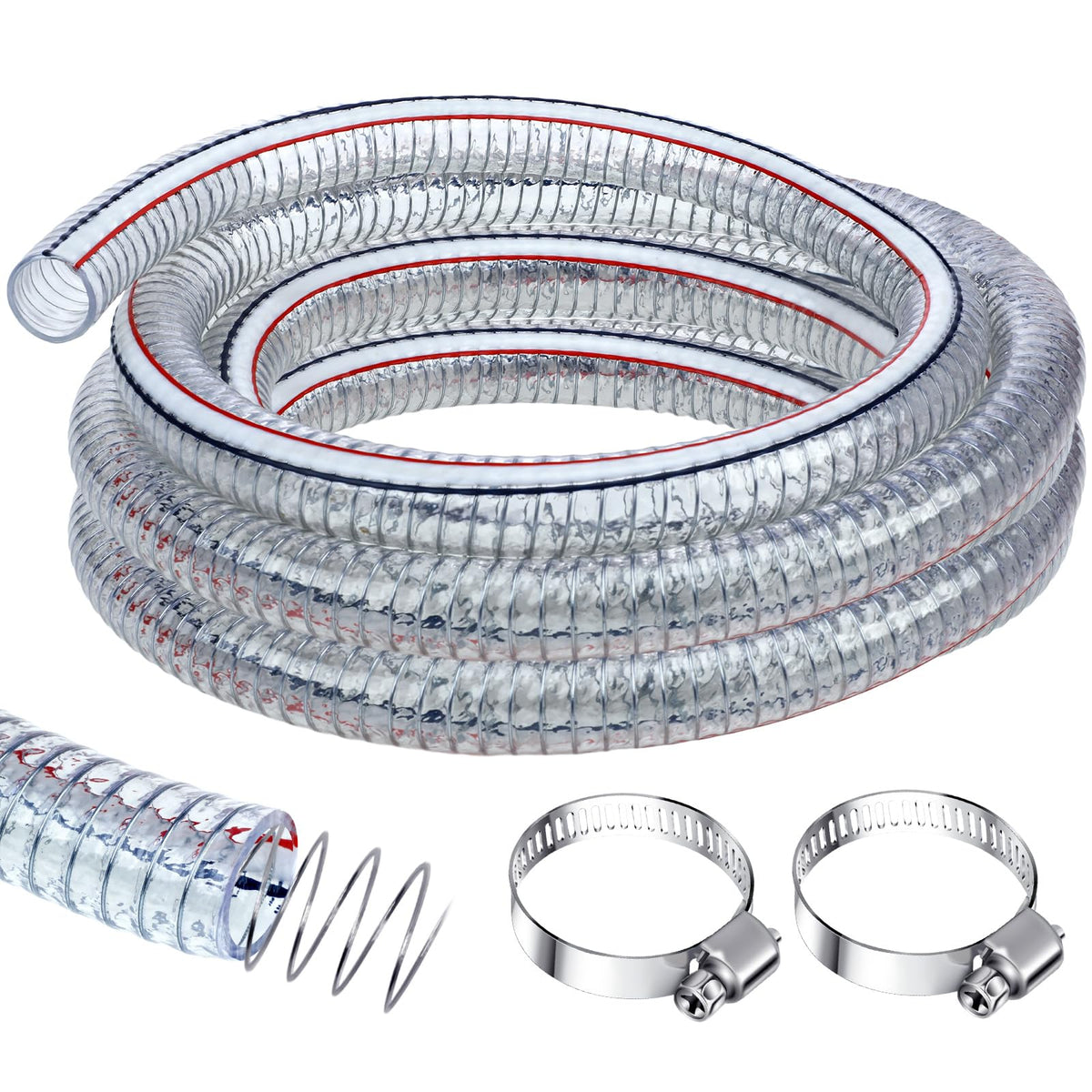 Frienda Heavy Duty Steel Wire Flexible Tubing with Fasteners PVC High Pressure Drain Hose Tube Pond Tubing Clear Wire Reinforced Hose for Pond Bilge Pump Hose Vacuum Suction Hose(3.3 Ft, 1 Inch Id)