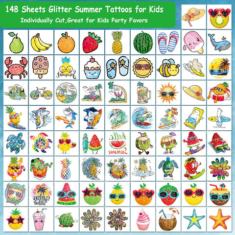 CHARLENT 148 PCS Glitter Summer Fruit Temporary Tattoos for Kids - Watermelon Pineapple Individual Tattoos for Boys Girls Pool Birthday Party Favors Goodie Bag Fillers