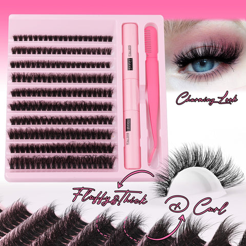 zanlufly Fluffy Lashes Extension Kit 20MM Mink Lashes Clusters Individual Lashes with Lash Bond and Seal and Applicator Thick Eyelashes Extension Kit