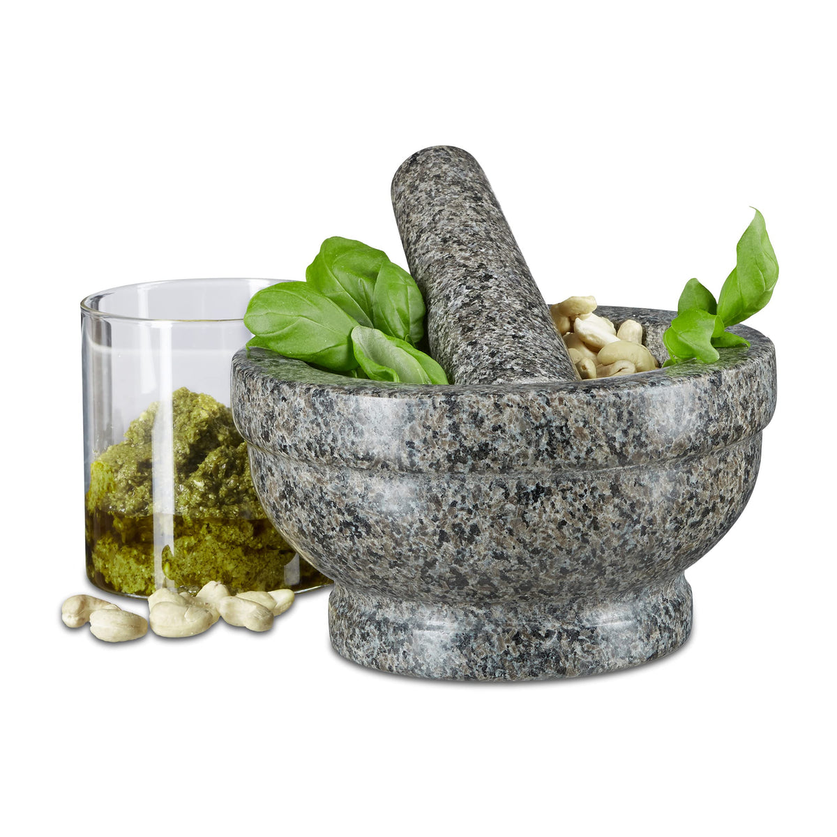 Relaxdays Granit Mortar & Pestle, 17 cm Diameter, Robust & Durable, Herb Grinder, Polished Stone, Grey, 19 x 17 x 14 cm