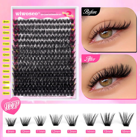 wiwoseo Cluster Lashes Extension Kit Thick Eyelash Extension Kit Individual Eyelashes Kit with Lash Bond and Seal Glue and Lash Applicator for Beginners (0.07D Volume, 100p, 9-16MM)