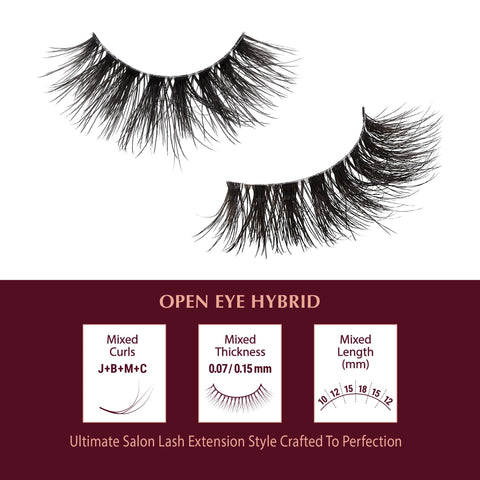 i-ENVY Extension False Lashes, Hybrid Salon Lash Clear Invisible Band Strip Natural Look Mixed Volume Curl EyeLashes Wispy Fluffy Cat Eye Fake Lashes (Open Eye)