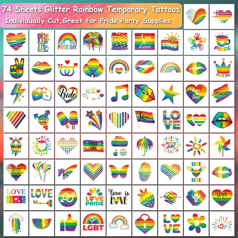 CHARLENT Glitter Rainbow Temporary Tattoos - 74 Individually Sheets Glitter Pride Tattoos Heart Lips Love Rainbow Tattoos for Pride Festivals