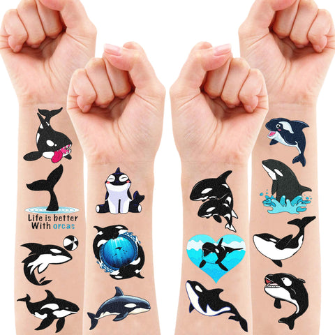 100 PCS Orca Whale Birthday Party Decorations Favors Supplies Sea Ocean Killer Whale Temporary Tattoos Stickers for Girls Boys Cute Gifts School Prizes Rewards