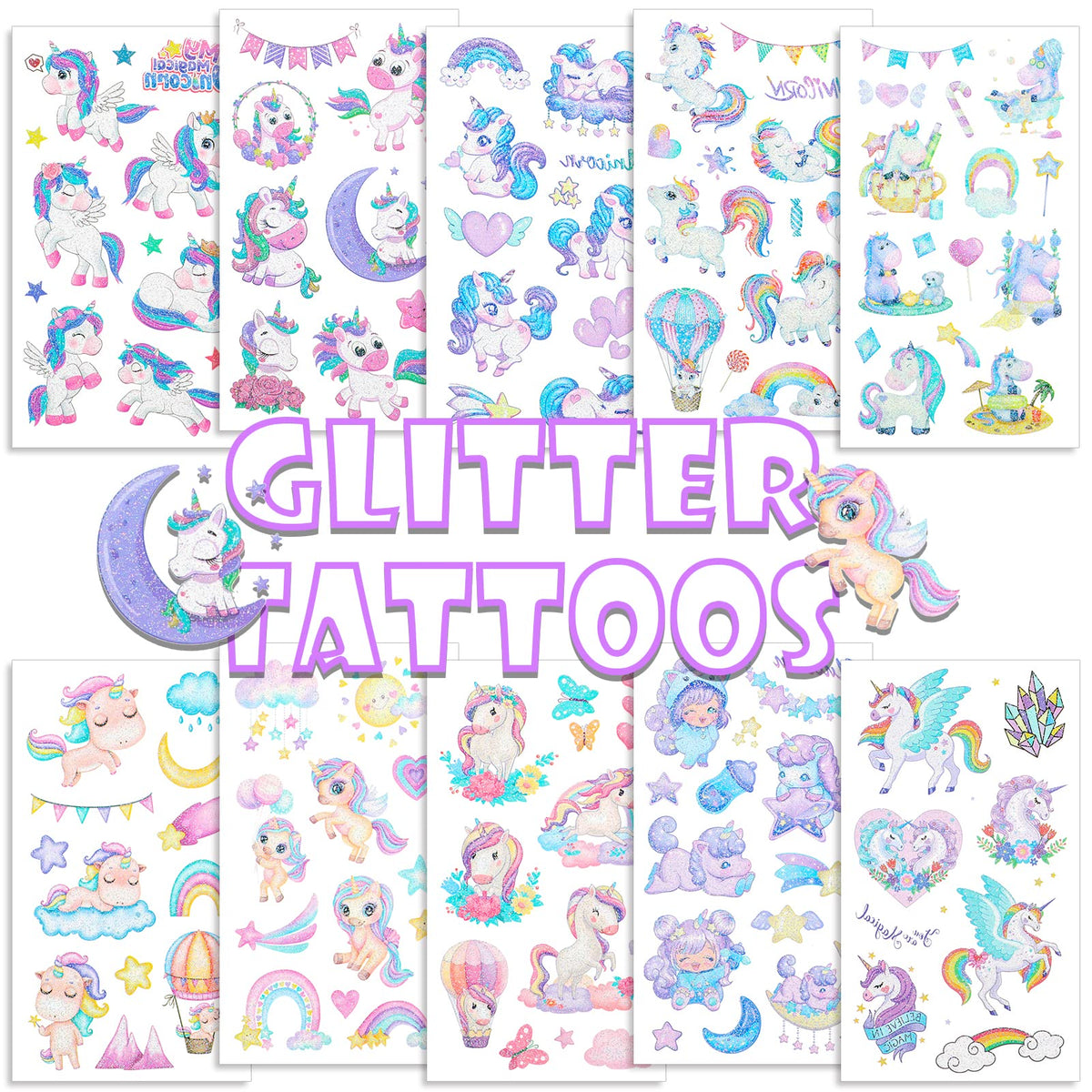 Glitter Temporary Tattoos for Kids, Konsait Waterproof Glitter Tattoo Stickers Kit Rainbow Princess Theme Party Birthday Party Supplies 10 sheets