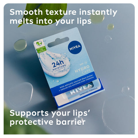 NIVEA Lip Balm Hydro Care with SPF 15 (4.8g), Hydrating Lip Balm with Shea Butter, Natural Oils and Vitamins, Provides 24 Hour Moisture and Protection, Lip Care