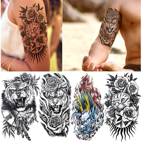 10 Sheets Large Forearm Tattoo Half Sleeve Temp Tattoos For Adults, Konsait Fake Tattoos Realistic Temporary Tattoos for men women Long Lasting Waterproof Black Snake Dragon Wolf Tiger Lion Tattoo