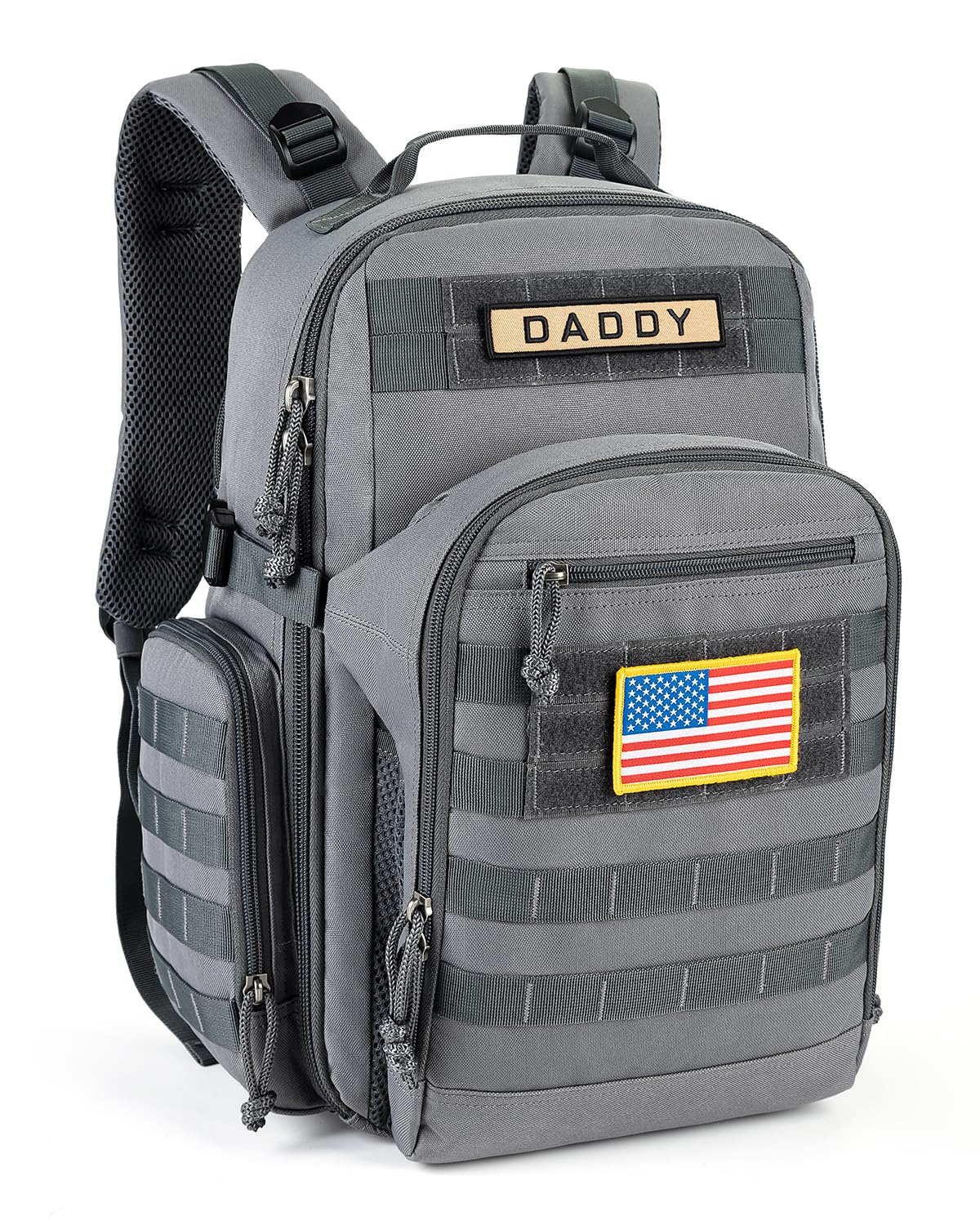 SHARKMOUTH Dad Diaper Bag Backpack - Military Baby Gear Backpacks with Daddy Patches, Gray, Custom