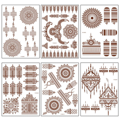 Brown Henna Temporary Tattoo Semi Permanent Fake Tattoos Mandala Flowers Lace Tattoo Stickers Waterproof Tattoo Markers Wedding Party Festival Tattoos Decorations Face Body Tattoo Supplies Set 6PCS