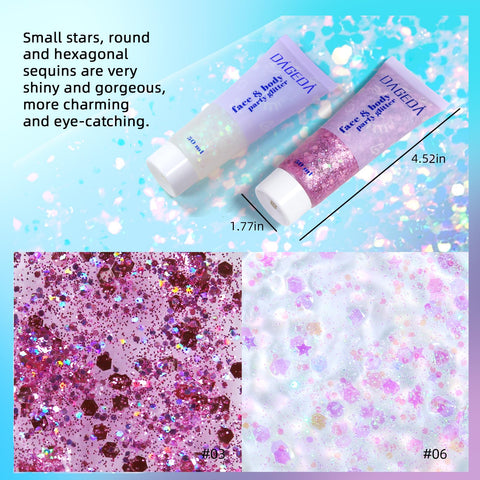 DAGEDA 2Colors Body Glitter Gel, Face Glitter Gel Body Shimmer Body Sequins Liquid Eyeshadow, Holographic Laser Glitter Makeup Extra Fine Glitter Gel for Women Rave Accessorie (White and Pink)