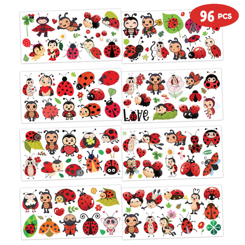 96 PCS Ladybug Temporary Tattoos Sticker Bug Birthday Party Decorations Supplies Favors Celebration Gifts Ideas for Girls Boys Baby Showers Prizes Cute Beetle Tattoo School Reward Themed