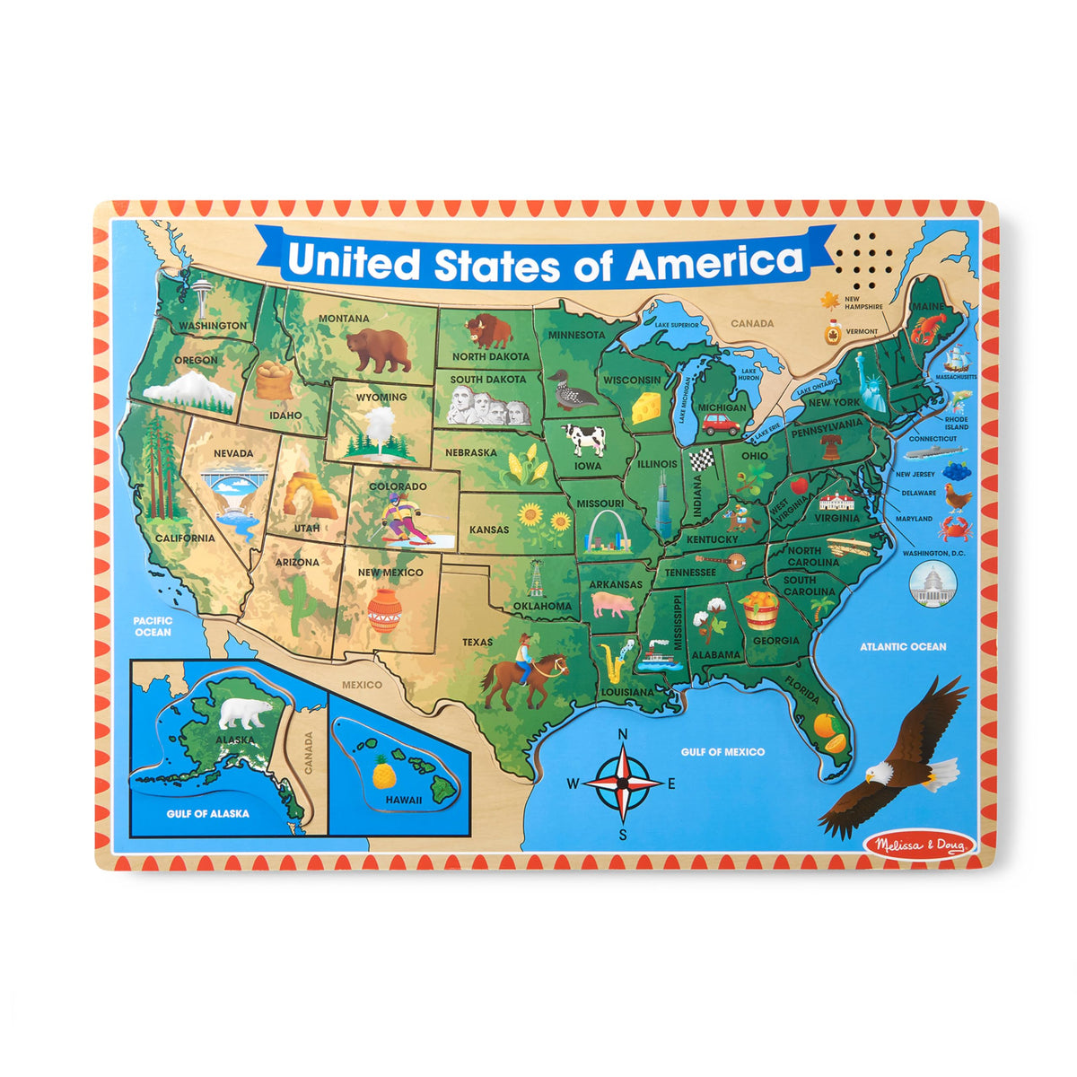 Melissa & Doug USA Map Sound Puzzle - Wooden Puzzle With Sound Effects (40 pcs), Multicolor - States And Capitals Map Puzzle, Educational Toy, Geography For Kids Ages 5+