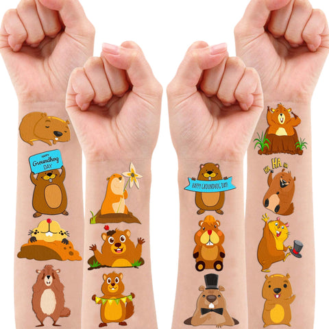 88PCS Happy Groundhog Day Temporary Tattoos Themed Birthday Party Decorations Favors Supplies Decor Cute Spring Festival Animals Tattoo Stickers Gifts For Kids Adults Boys Girls School Prizes Holidays