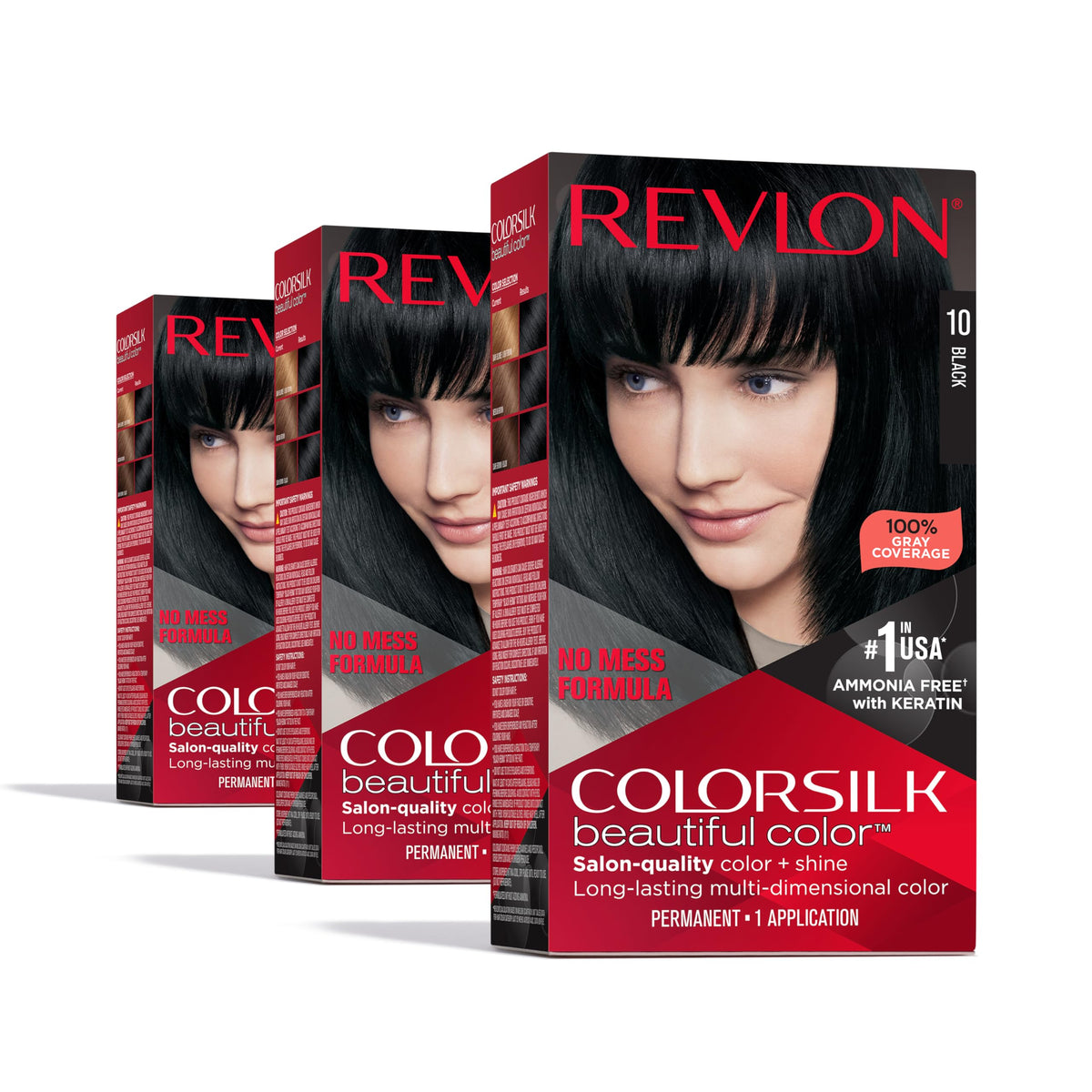 Revlon ColorSilk Beautiful Color Permanent Hair Color, Long-Lasting High-Definition Color, Shine & Silky Softness with 100% Gray Coverage, Ammonia Free, 10 Black, 3 Pack