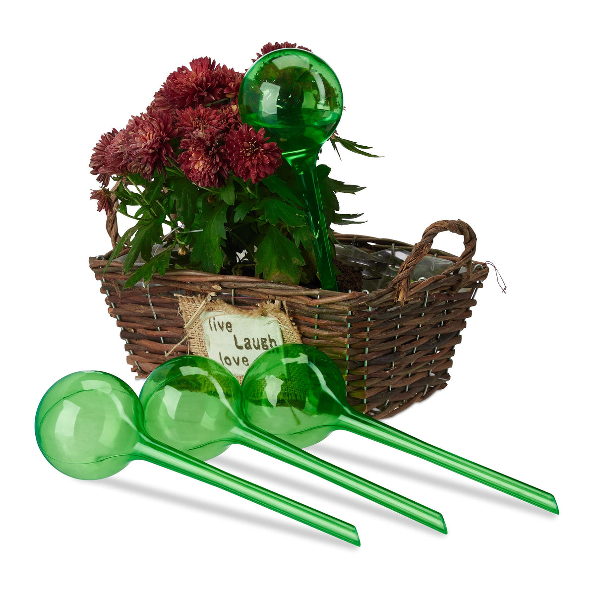 Relaxdays Watering Globes, Set of 4, Regulated Irrigation, 2 Weeks, Pot Plants, Plastic Sphere, Bulb, PVC, Green, 8 cm Diameter