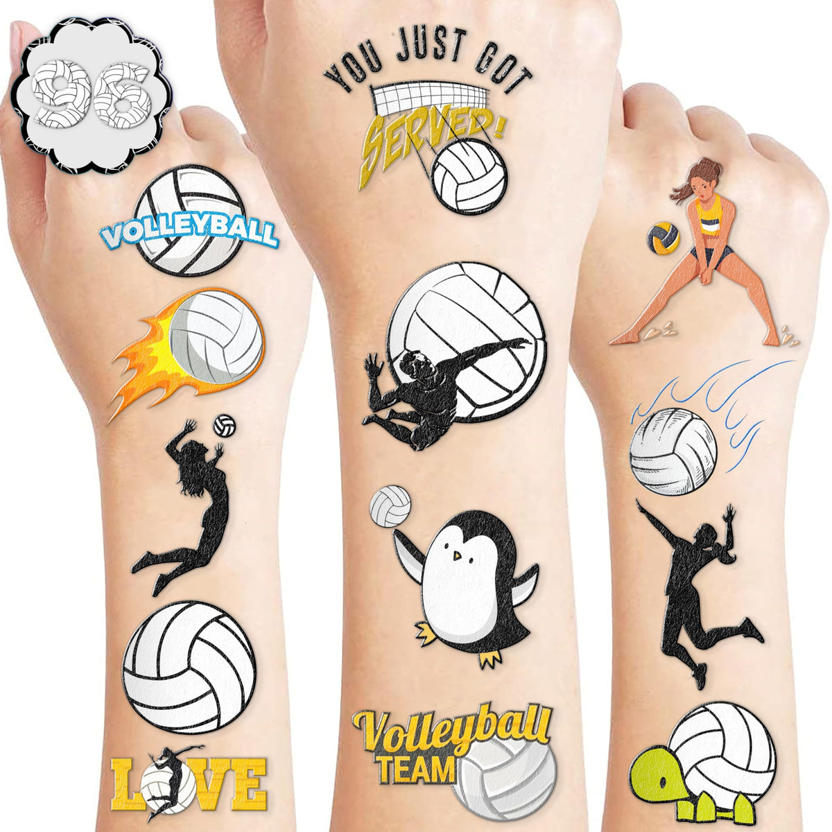 100PCS Cute Volleyball Tattoos Temporary Stickers Theme Birthday Party Decorations Supplies Favors Cool Funny Summer Beach Games Tattoo Sticker Gifts For Kids Boys Girls School Prizes Carnival