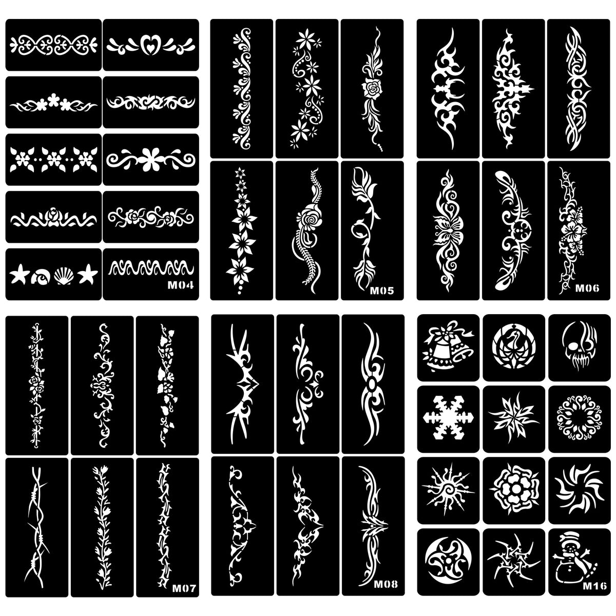 Temporary Tattoo Stencils Kit for Girls and Women - 6 Sheets, A4 Size, Thorn and Totem Patterns Henna Stencil - Glitter Henna Face and Body Paint Stencils