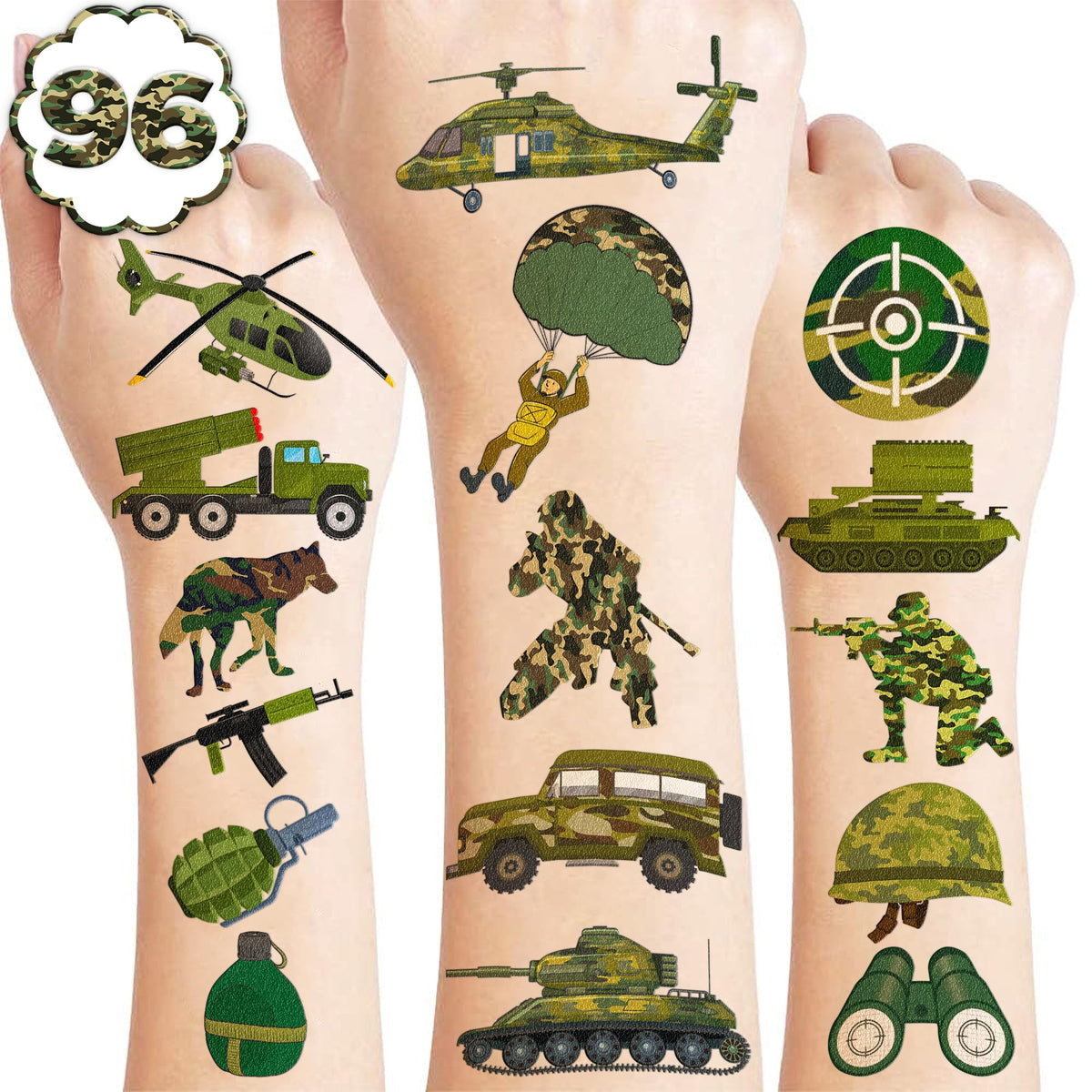 96 PCS Military Camouflage Temporary Tattoos Theme Army Birthday Party Decorations Supplies Favors Decor Camo Soldier Tank Helicopter Tattoo Stickers Gifts For Kids Adults Boys Girls Prizes Carnival