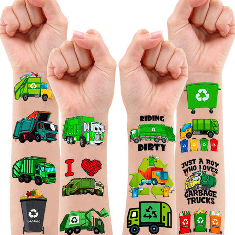 111 PCS Garbage Truck Trash Temporary Tattoos Themed Birthday Party Supplies Decorations Favors Decor Cute Waste Management Recycling Tattoo Stickers Gifts For Boys Girls Class Prizes Carnival