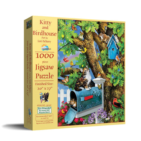 SUNSOUT INC - Kitty and Birdhouse - 1000 pc Jigsaw Puzzle by Artist: Lori Schory - Finished Size 20" x 27" - MPN# 35240