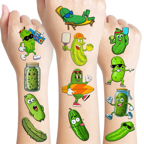 120 PCS Funny Pickle Temporary Tattoos Sticker Fruit Vegetable Cool Green Pickles Cucumber Birthday Party Decorations Supplies Favors Decor Gifts Boys Girls Cute Fake Tattoo School Reward Themed