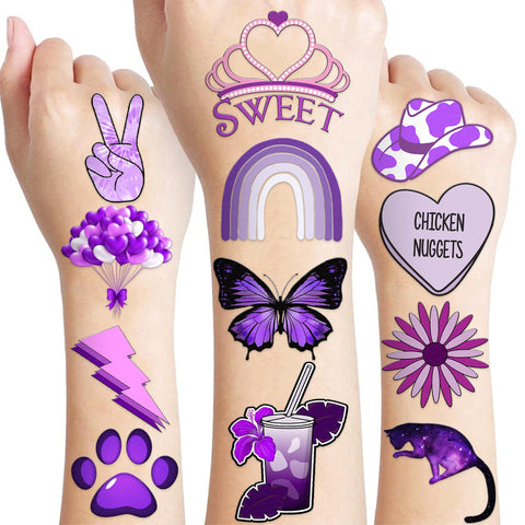 89 PCS Funny Purple Temporary Tattoos Sticker Dark Purple Birthday Party Supplies Decorations Favors Celebration Gifts Boys Girls Baby Shower Adult Cute Tattoo School Prizes Reward Themed