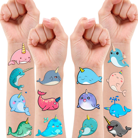 107 PCS Cute Narwhal Unicorn Temporary Tattoos Themed Birthday Party Supplies Decorations Favors Decor Under The Sea Baby Tattoo Stickers Gifts For Boys Girls Class Prizes Carnival