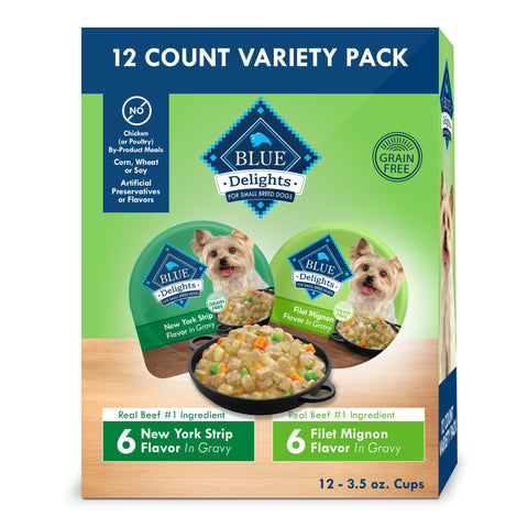 Blue Buffalo Delights Natural Adult Small Breed Wet Dog Food Cups Variety Pack, in Hearty Gravy, Filet Mignon & New York Strip 3.5-oz Cups (12 count - 6 of each Flavor)