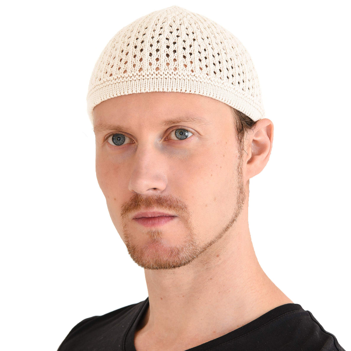 100% Cotton Skull Caps for Men, Knit Kufi Hat for Muslim Prayer, Women's Mesh Crochet Beanie, Ideal Head Wear During Summer White