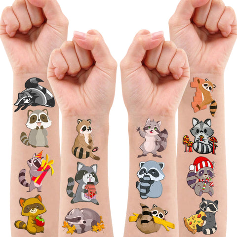 96PCS Cute Funny Raccoon Temporary Tattoos Stickers Themed Birthday Party Decorations Supplies Favors Decor Woodland Wildlife Animals Tattoo Gifts For Kids Adults Boys Girls School Prizes Carnival