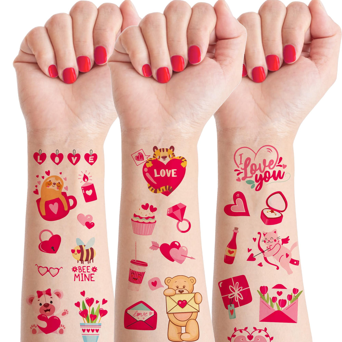 Valentines Temporary Tattoos - Konsait 10 Sheets Cute Bear Heart Cupid Valentines Day Tattoos for kids, Pink and Red Cute Valentines Tattoos, Valentines Day Party Favors