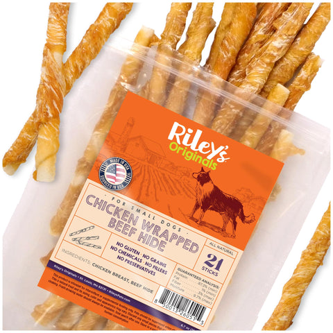 Riley's Chicken Wrapped Dog Treats - USA Sourced, USA Made Small Dog Treats - Dog Chew Sticks - Raw Hides for Small Dogs - Wrapped Rawhide Sticks for Dogs - 21 Twists - Small