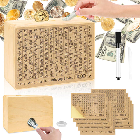 Wooden Money Box with 10 Saving Targets, One Piece Cash Vault Wooden Savings Box with 10000 5000 4000 3000 2000 1000 800 500 Dollars Goals for for Adults Kids Boys Girls (Wood)