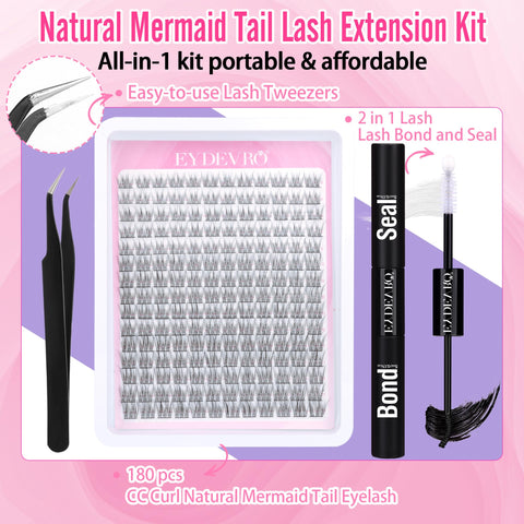 EYDEVRO Natural Lash Extension Kit 180 Pcs Wispy Lash Clusters Kit CC Curl Eyelash Extension Kit with Lash Bond and Seal and Tweezers 9-11MM Mixed Length DIY Lash Extensions Individual Lashes Kit