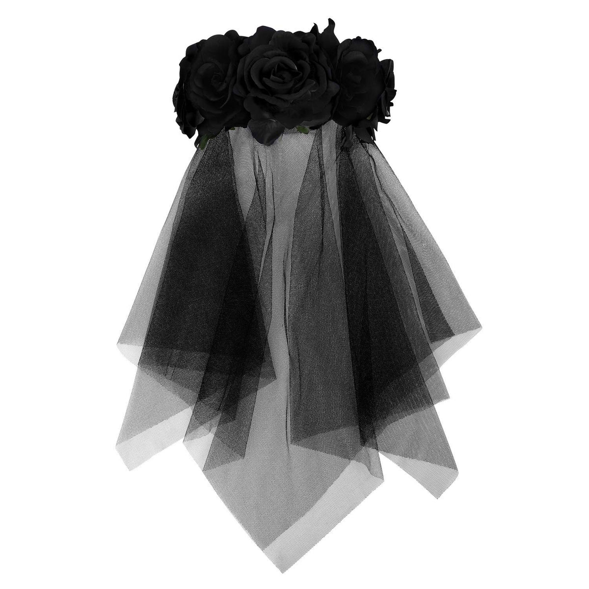 Gothic Bride Veil, Rose Flower Wedding Headband Lace Headpiece Veil Halloween Fancy Dress Headband Festival Flower Hair Wreath with Black Veil Ladies Halloween Fancy Dress Flowery Headbands for Women