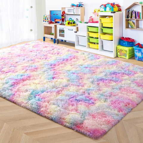 ISEAU Rainbow Rug for Girls Bedroom, Fluffy Area Rug for Kids, Ultra Kawaii Abstract Shaggy Living Room Colorful Carpets, Fuzzy Cute Rug for Nursery Baby Toddler Princess Room, 6ft x 9ft