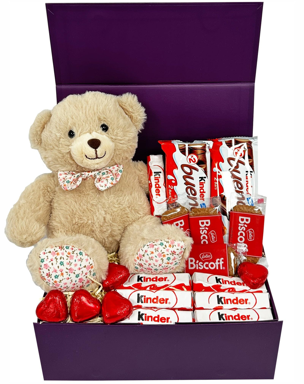 Chocolate Gift Hamper Valentine’s day Gift Box With Teddy Bear Bueno Chocolate Bars Biscoff and Love Hearts